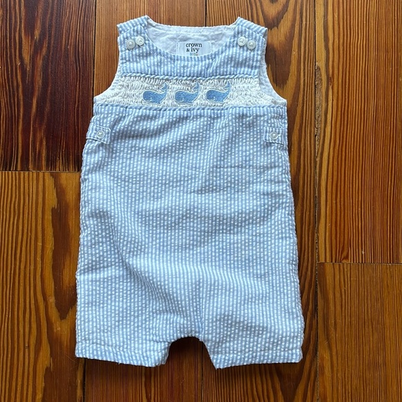 Crown & Ivy Seersucker Romper Blue And White Stripes Size 3 Months - Picture 1 of 6